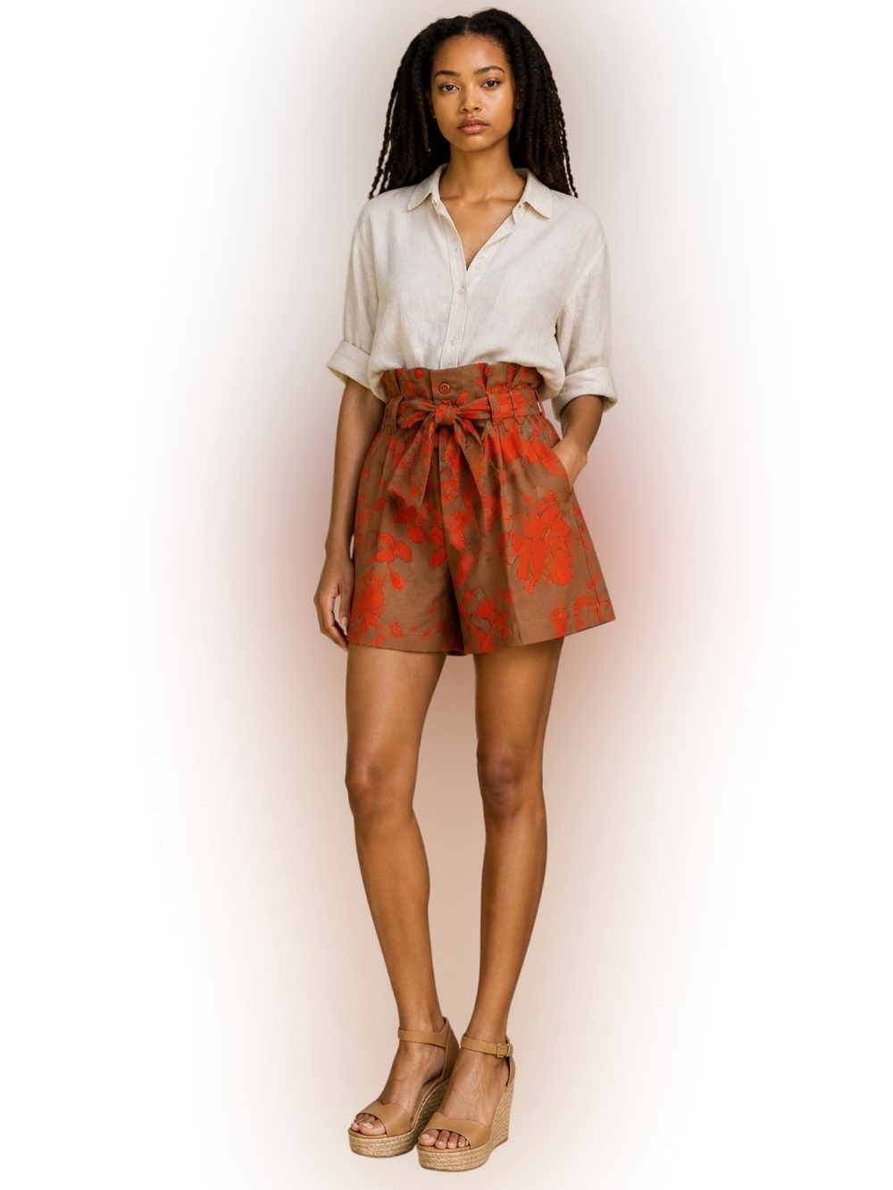Rules of Etiquette NWT Paperbag Waist Floral Shorts Small Tan Red Poppy Tie belt